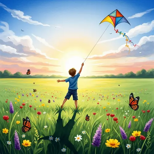 Whimsical Scene of a Young Boy Flying Kite in Sunlit Meadow