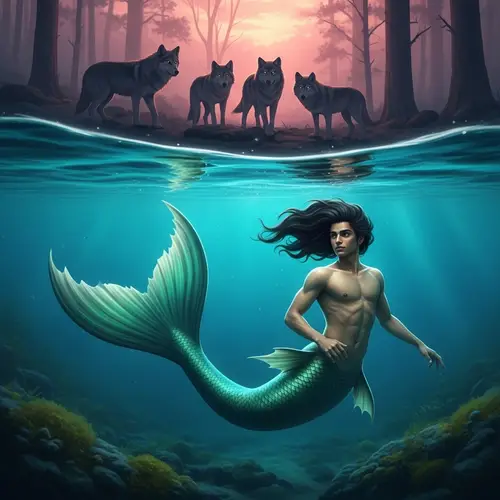 Young Middle-Eastern Male Mermaid in Underwater Scene