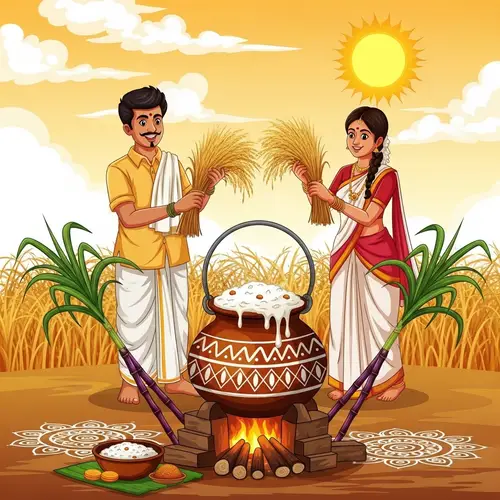 Celebrating Pongal: South Indian Harvest Festival Illustration