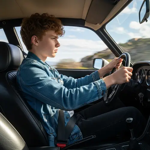 Serious Caucasian Teen Boy Driving Classic Sportscar in Scenic Daylight