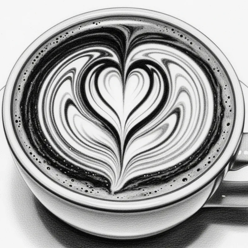 Black and White Coffee Cup with Heart Design Drawing