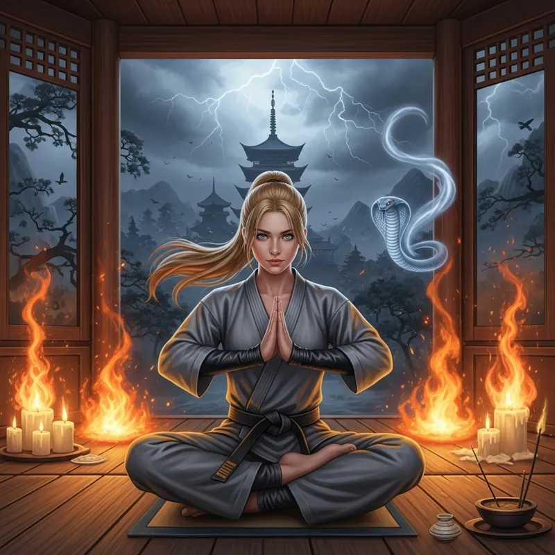 Martial Arts Prodigy Summoning Fire in Secluded Dojo