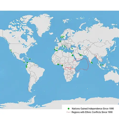 Detailed World Map Illustration: Independence and Ethnic Conflicts since 1990