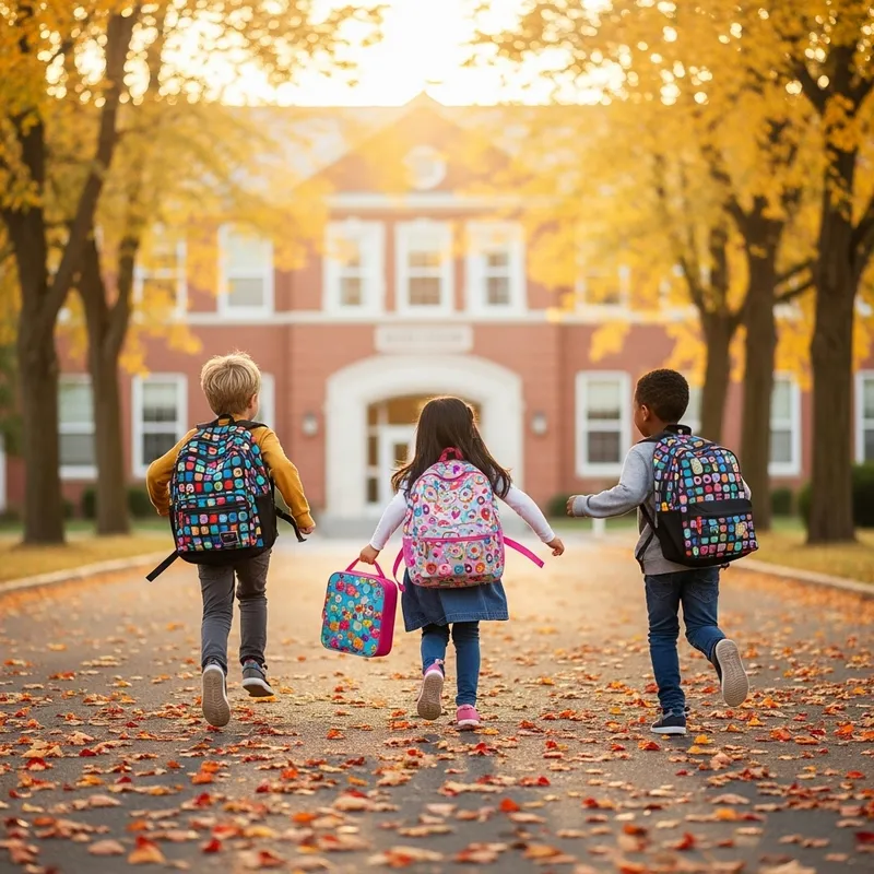 Exciting Scene of Kids Rushing to School on a Autumn Morning