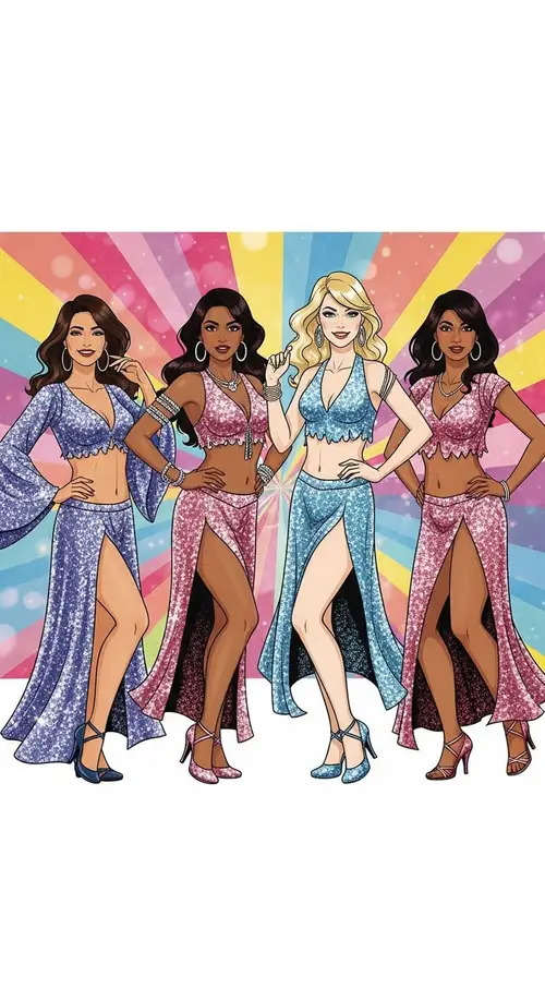 70s Disco Inspired Dance Illustration with Four Energetic Females