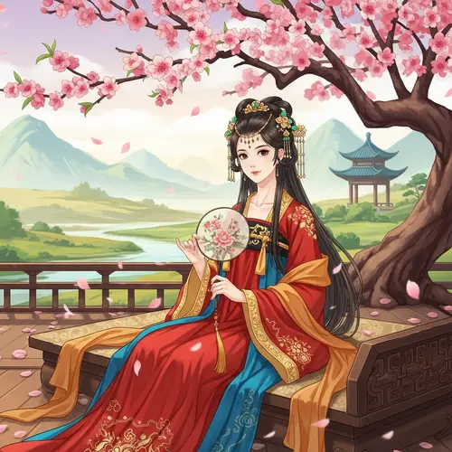 Young Chinese Woman in Traditional Hanfu Sitting Under Peach Tree