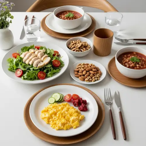 Nordic Style Meal: Scrambled Eggs, Chicken Salad & Bean Soup