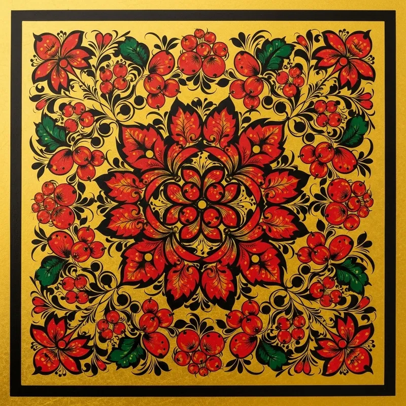Square Khokhloma Russian Pattern - Traditional Wood Painting
