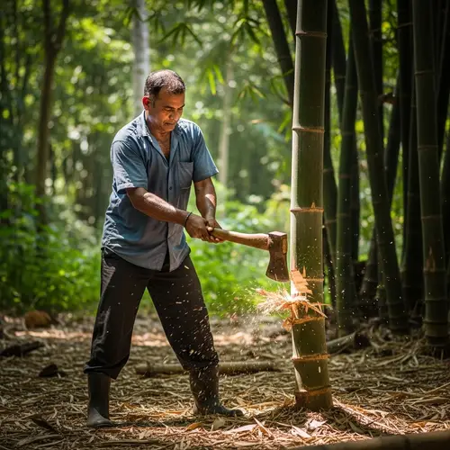 South Asian Man Cutting Down Bamboo Tree with Axe