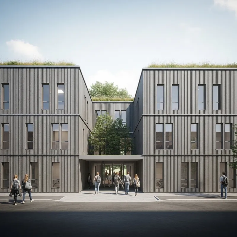 Modern Eco-Friendly School Design with Stylish Vertical Wood & Metal Facade