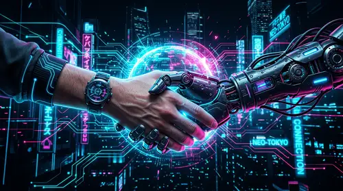 Futuristic Cyberpunk Digital Art with Hands and Orbs