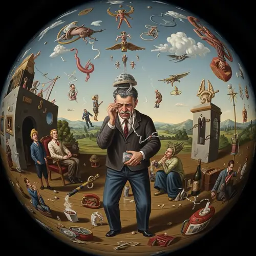 Surrealist Artwork: Man's Emotions in Addiction Chaos