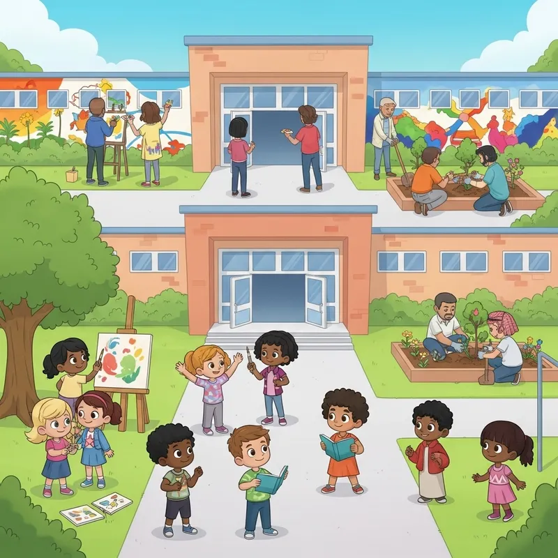 Cartoon Illustration of School-Community Partnership