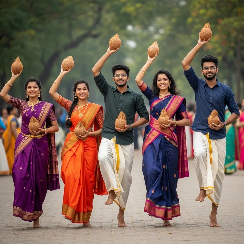 Agile Indian Attire: Young People Carrying Coconuts