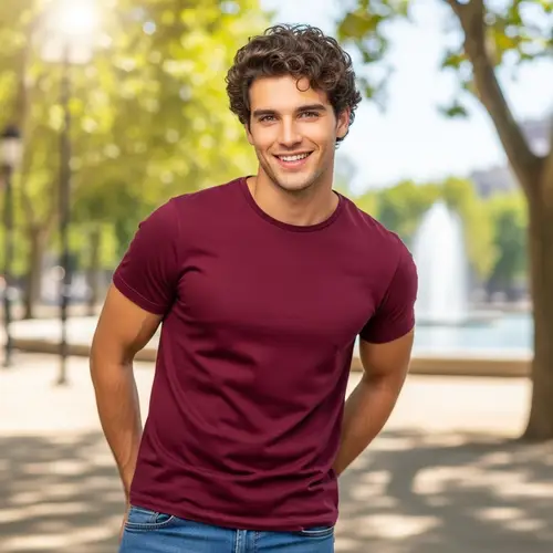 Friendly Young Man in Maroon T-Shirt and Blue Jeans