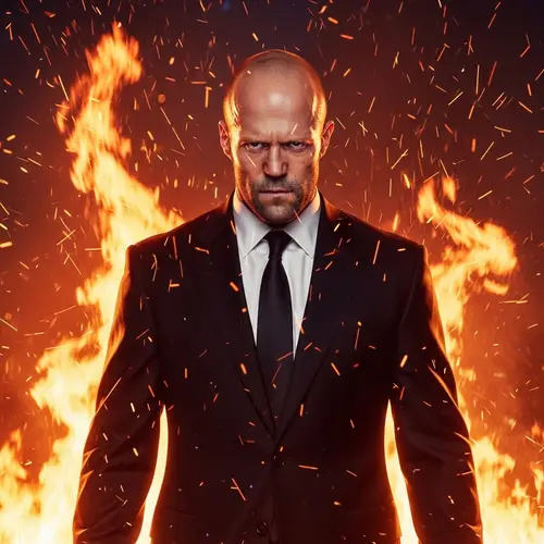 Intense Bald Male Figure in Black Suit Surrounded by Flames