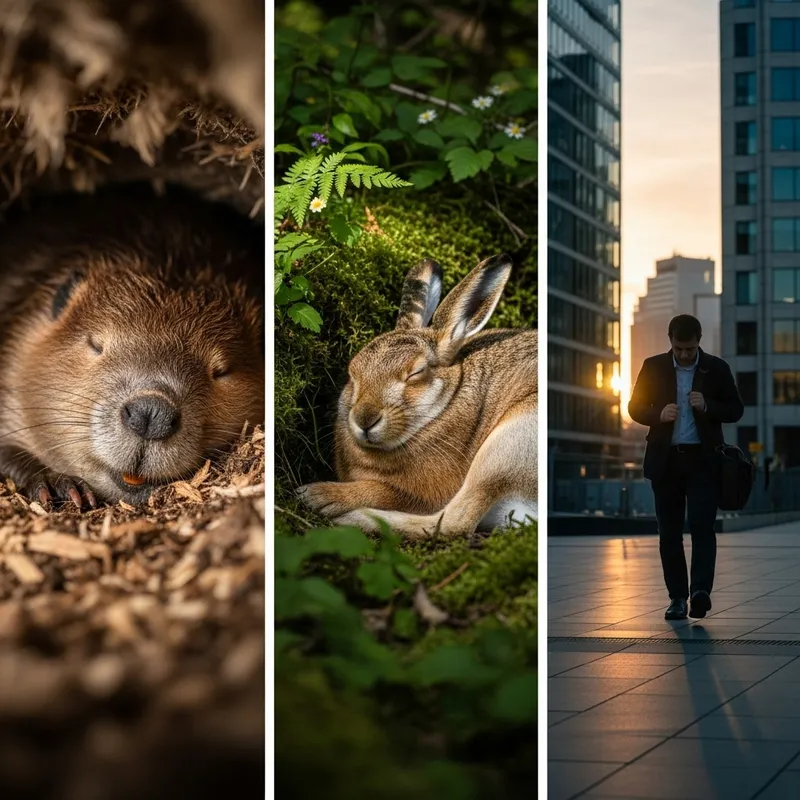 Peaceful Beaver, Sleeping Hare, Weary Office Worker Heading to Work