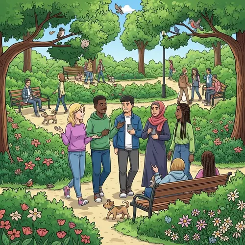 Vibrant Park Scene with Diverse Young People | Illustrated Cartoons