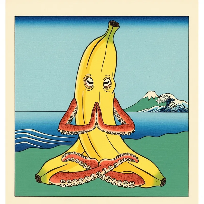 Squid Banana Yoga: Anime Style Artwork with Japanese Woodblock Influence