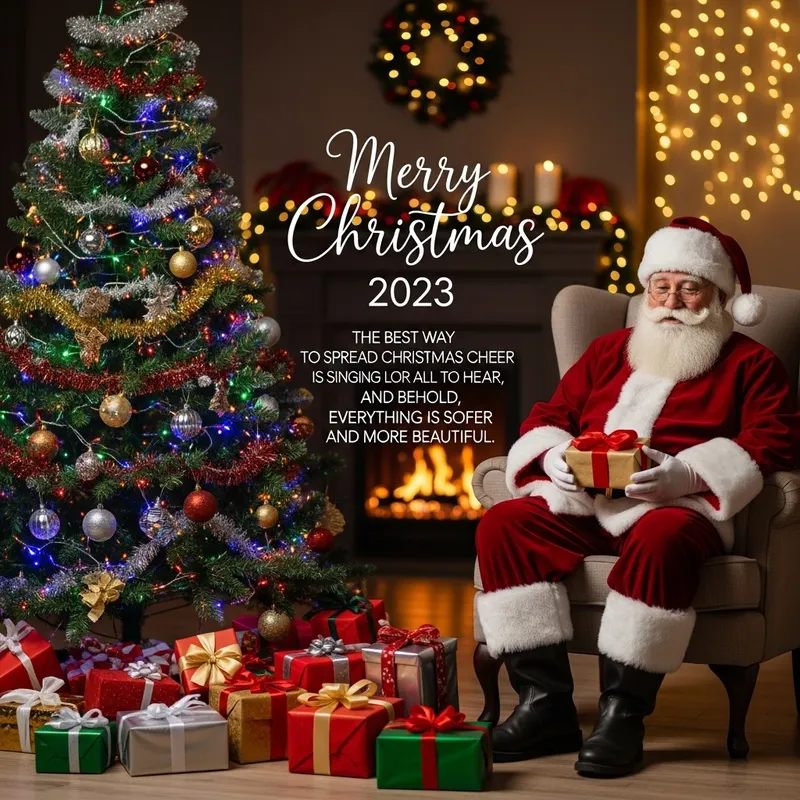 Merry Christmas 2023 with Santa Claus, Christmas Tree & Gifts