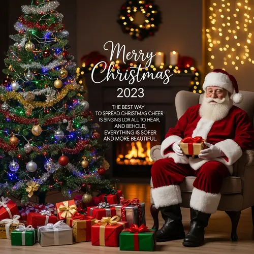 Christmas 2023 Festive Scene with Santa Claus and Gifts