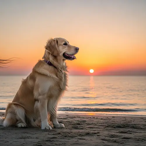 Golden Retriever Enjoying Sunset on Beach | Dog Watching Sea