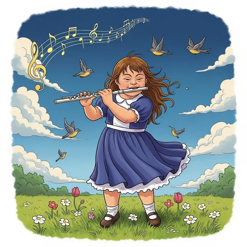 Joyful Girl with Down Syndrome Playing Flute - Whimsical Illustration