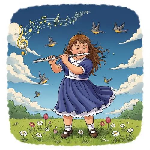 Joyous Down Syndrome Girl Playing Flute - Cartoon Illustration