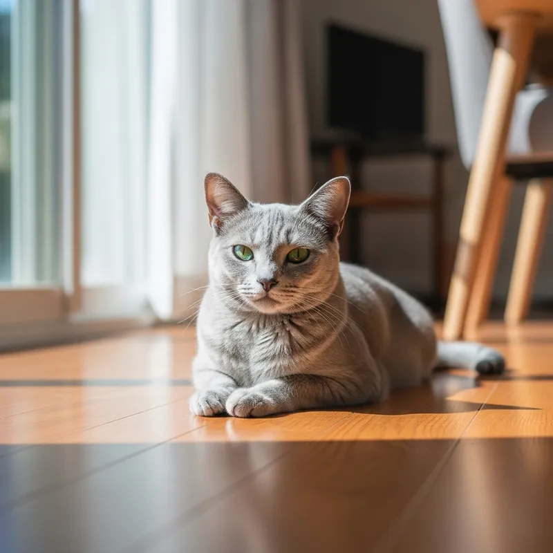 Relaxing Russian Blue Cat in Sunlit Room