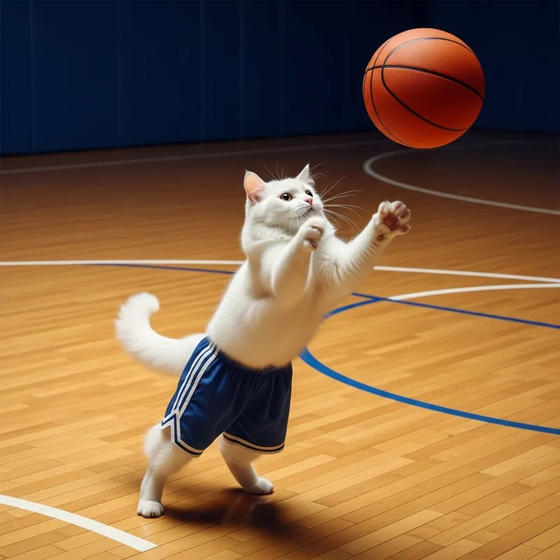 White Cat Playing Basketball: Funny and Unique Scene
