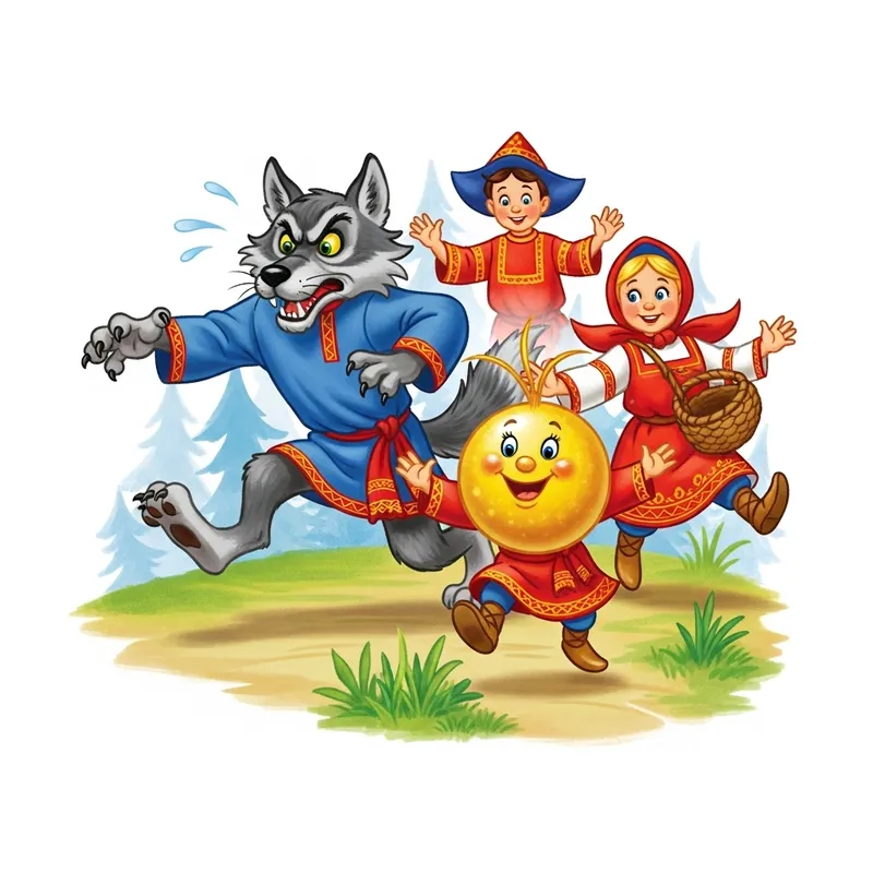 Adventurous Kolobok and Wolf Encounter