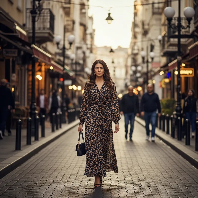 Elegant Brown-Haired Woman Strolling Along City Street Elegant Brown-Haired Woman Strolling Along City Street