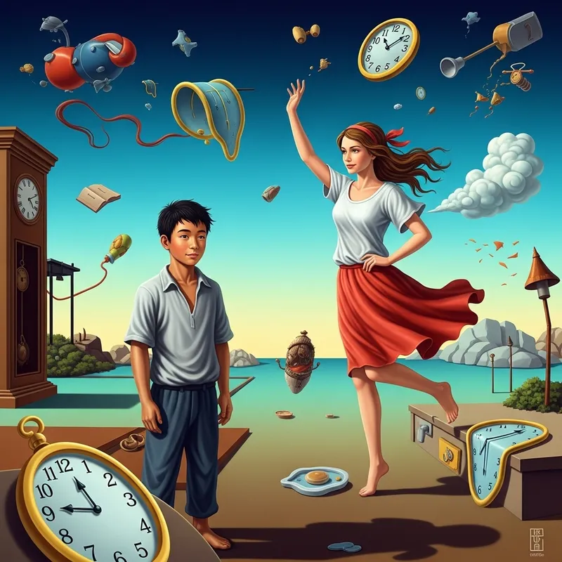Dreamlike Surrealist Art: Country Boy & City Girl in Vibrant Fusion