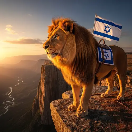 Majestic Lion on Cliff with Israeli Flag Design