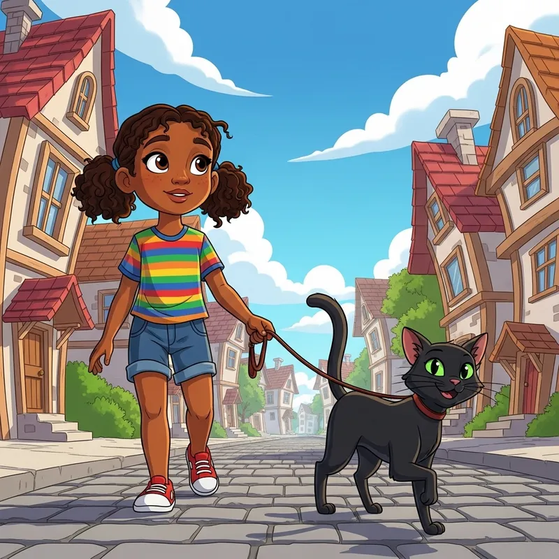 Young Girl Walking Black Cat Leash - Comic Style
