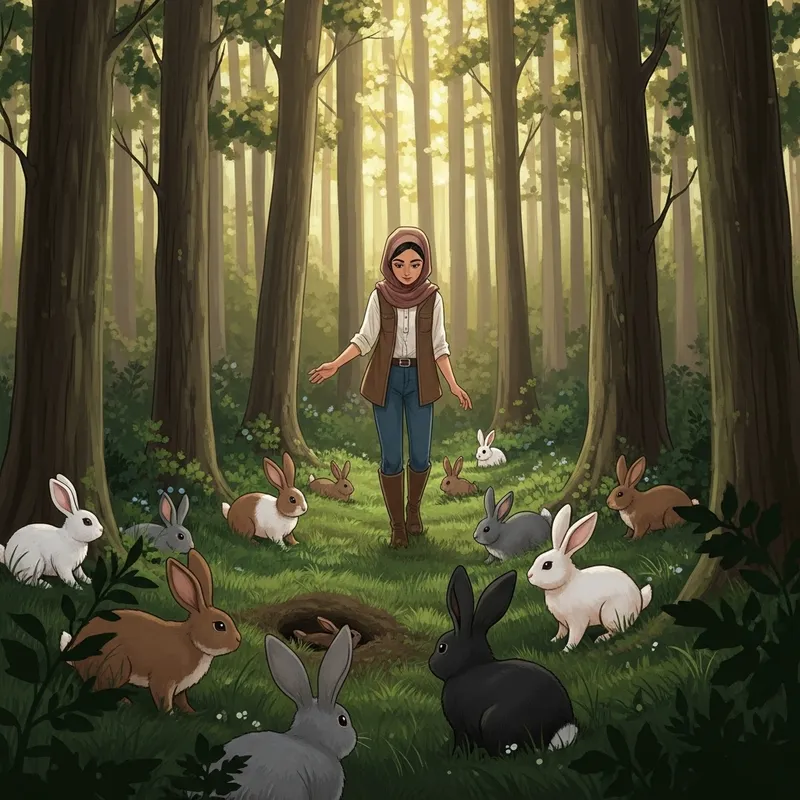 Girl in Forest with Rabbits: Enchanting Nature Scene with a Middle-Eastern Girl