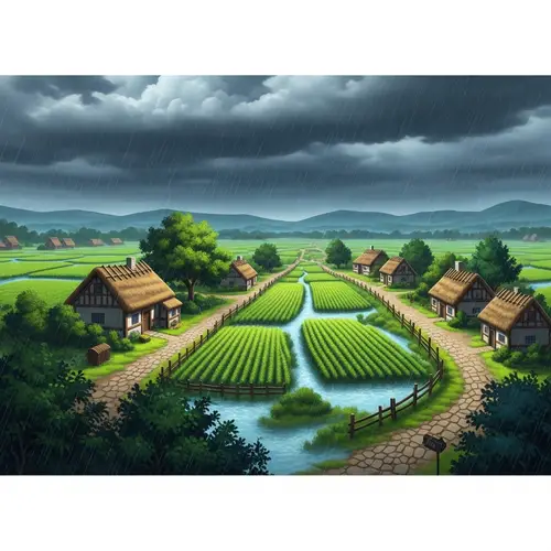 Rural Village Rainstorm Scene | Tranquil Countryside Illustration