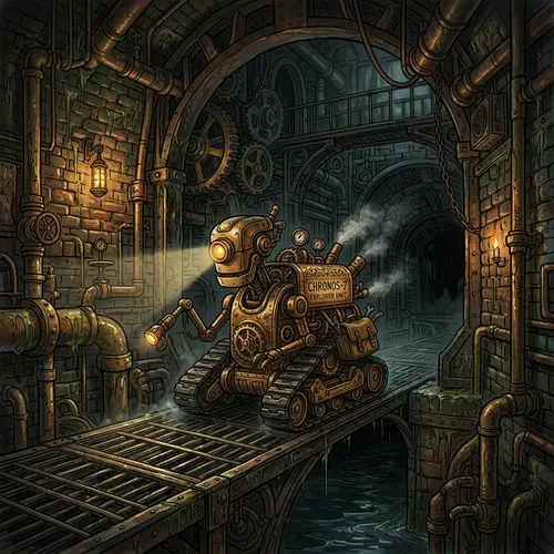 Steampunk Machine Explores Dark Sewer with Cogs and Gears