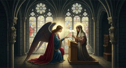 Gothic Style Biblical Scene with Angel and Middle-Eastern Woman