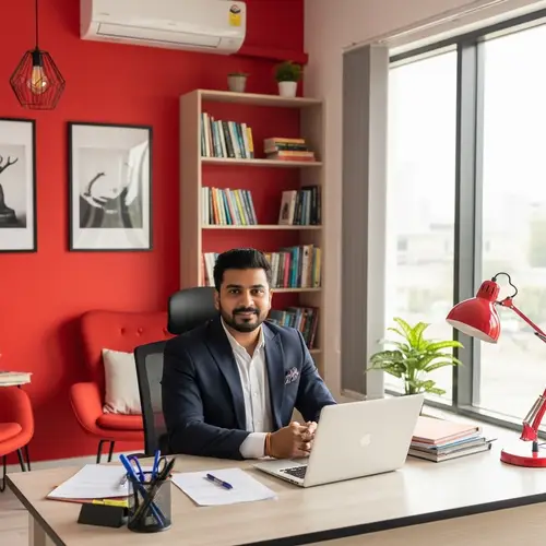 South Asian Man Working in Vibrant Red-themed Office