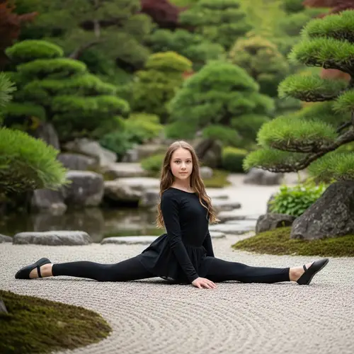 Russian Girl in Black Attire in Japanese Garden Splits