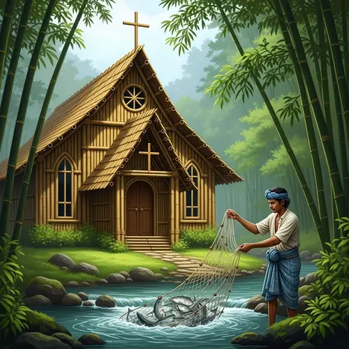 Quaint Bamboo Church with Fisherman | Peaceful Riverside Scene