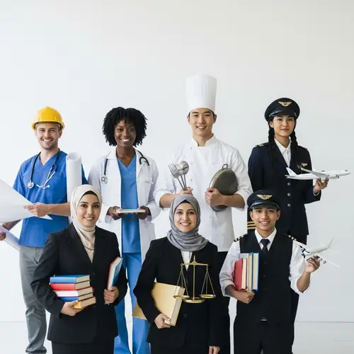 Diverse Group of Professionals: Engineer, Doctor, Chef, Lawyer, Teacher & Pilot