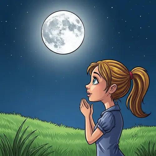 Enchanting Girl gazing at Radiant Moon in Vivid Cartoon Style
