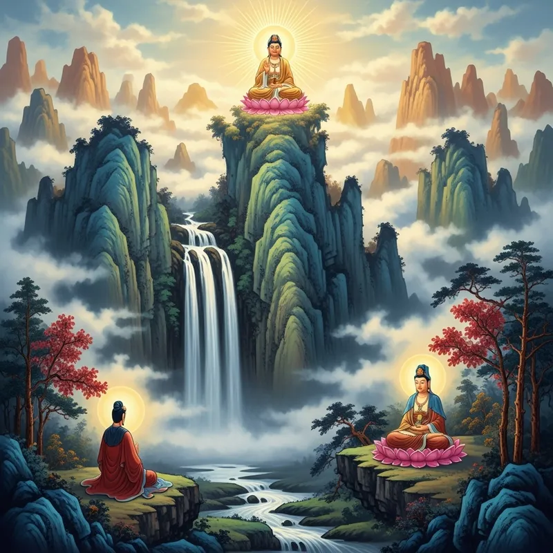 Spiritual Masterpiece: Mountain Waterfall & Buddhas