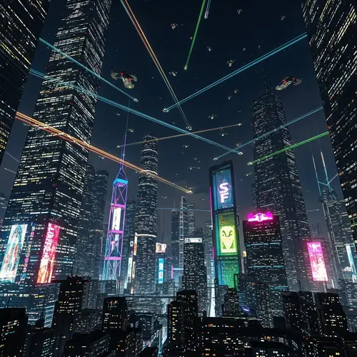 Futuristic Cityscape with Flying Vehicles and Neon Lights