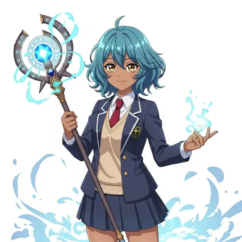 Youthful South Asian Girl with Turquoise Hair - Magic Staff