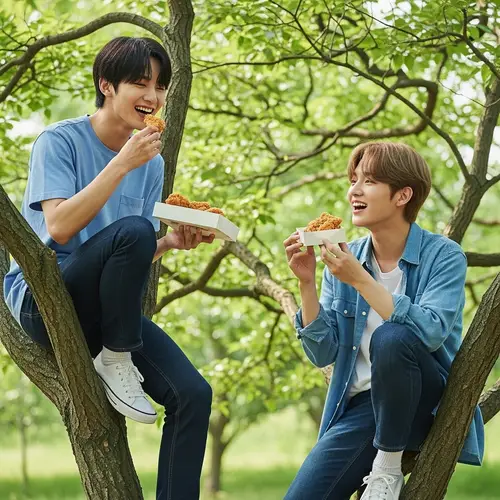 K-Pop Singers Enjoying Fried Chicken in Lush Greenery