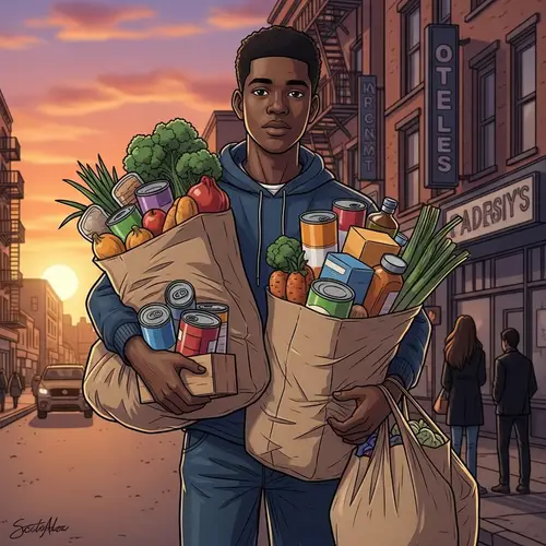 Resilient African American Teenager in City Carrying Grocery Bags