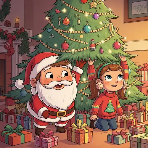 Whimsical Christmas Scene: Boy & Girl Retrieving Presents